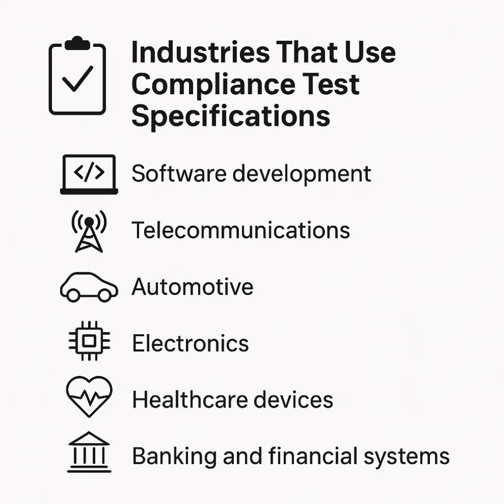 Infographic showing industries where compliance test specifications are used, including software development, telecommunications, automotive, electronics, healthcare, and finance.