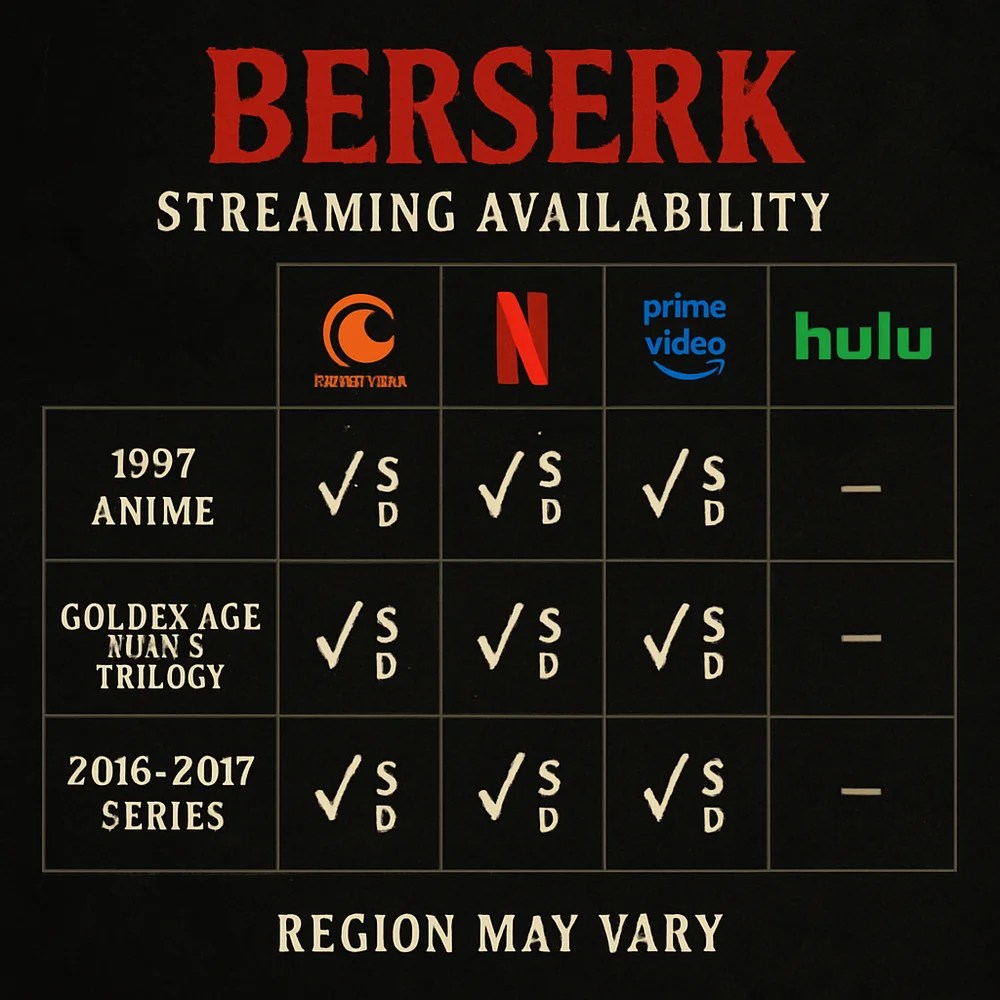 Streaming platforms for Berserk versions