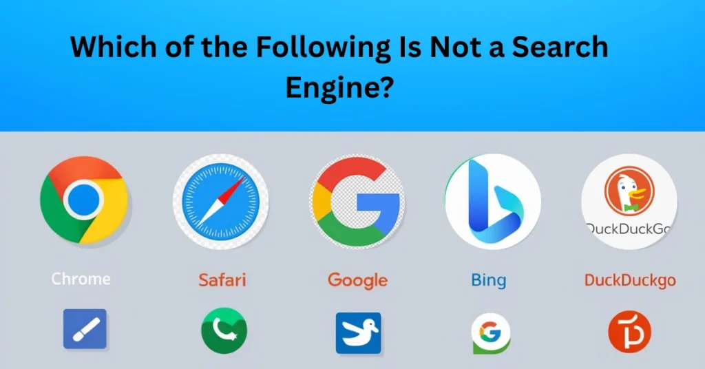 Icons of Chrome, Safari, Google, Bing, and DuckDuckGo shown under the question 'Which of the following is not a search engine?' with visual comparison.