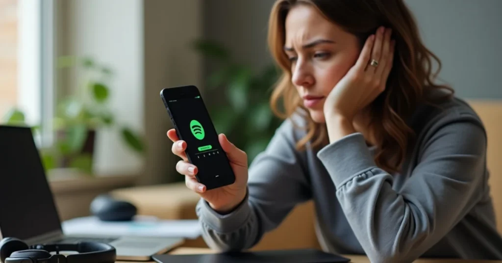 Person holding a smartphone with paused Spotify app, showing frustration in a modern home setting with headphones and Wi-Fi router nearby