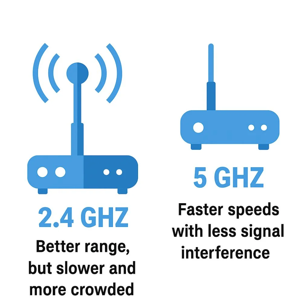 Comparison of 2.4 GHz and 5 GHz Wi-Fi bands showing 2.4 GHz with better range but slower speeds and 5 GHz with faster speeds and less interference.