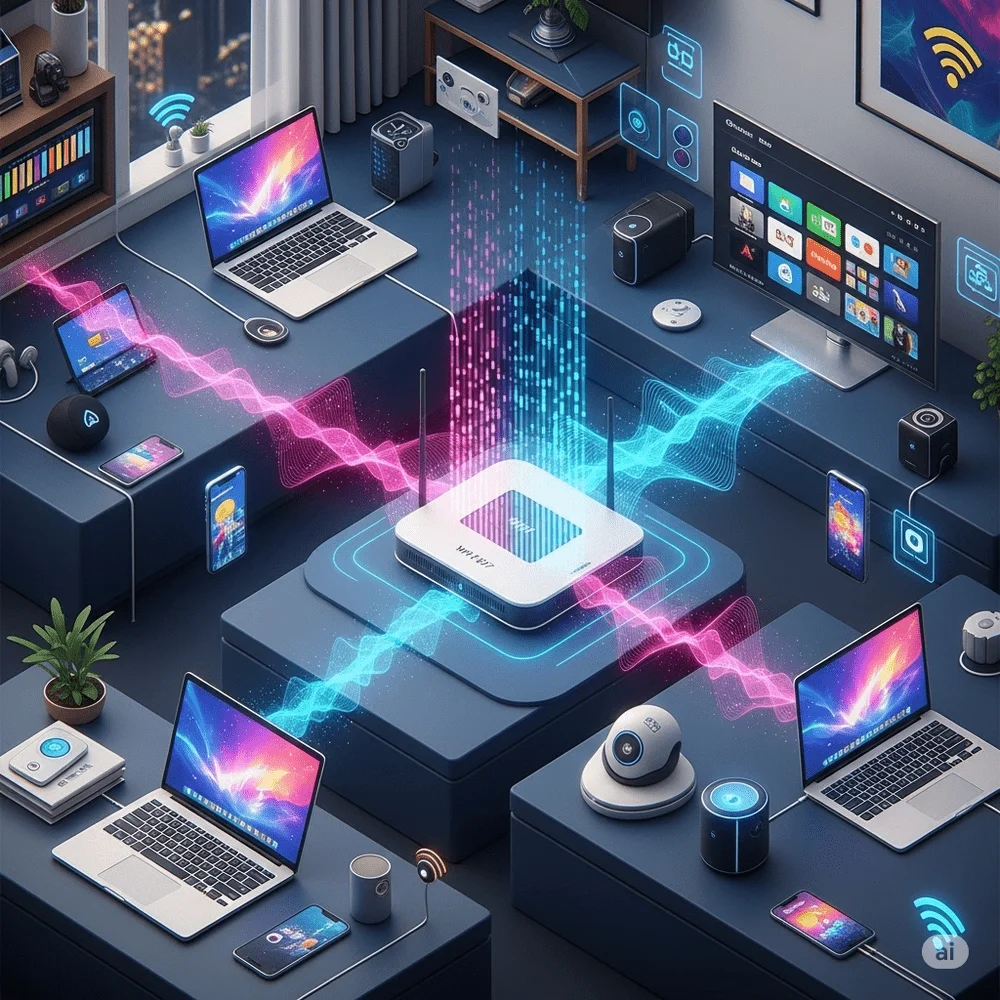 Illustration of a modern home or office with multiple smart devices connected to a Wi-Fi 6/7 router, showing strong and stable internet signals. 