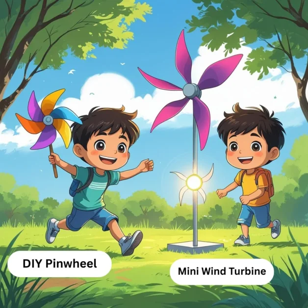 Illustrated guide showing kids learning wind energy with pinwheel and mini wind turbine activities. 