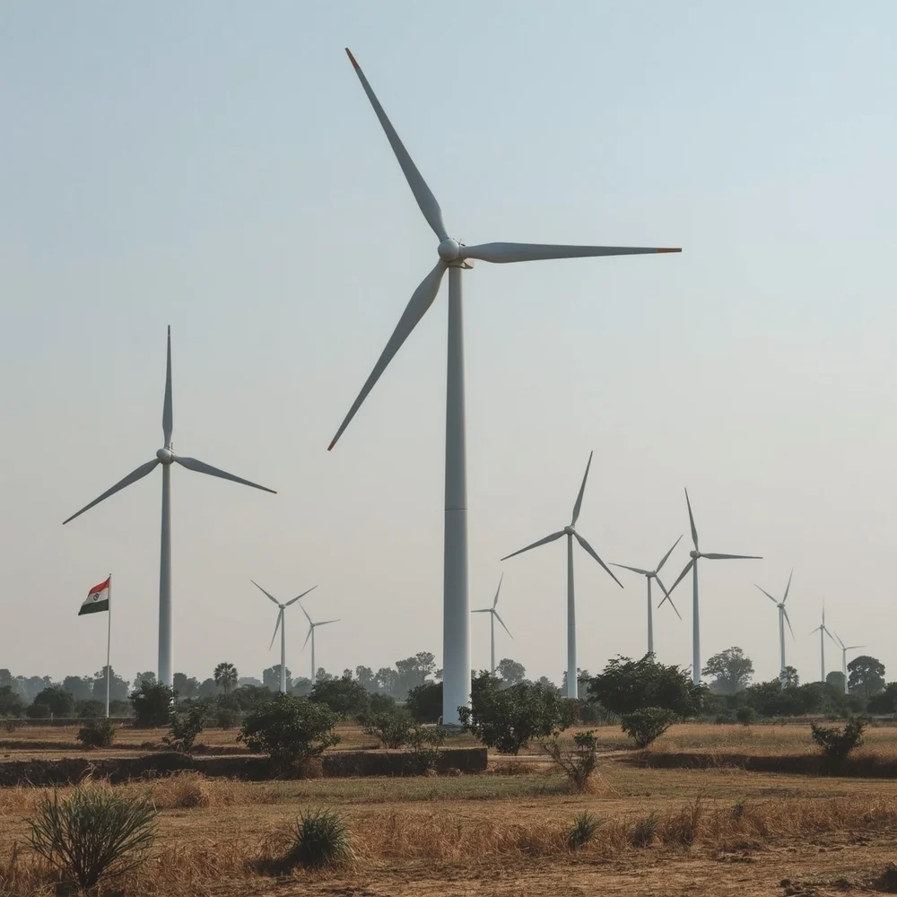 Wind turbines with Indian flag in the background, representing government policy support and domestic renewable energy growth for Suzlon Energy.
