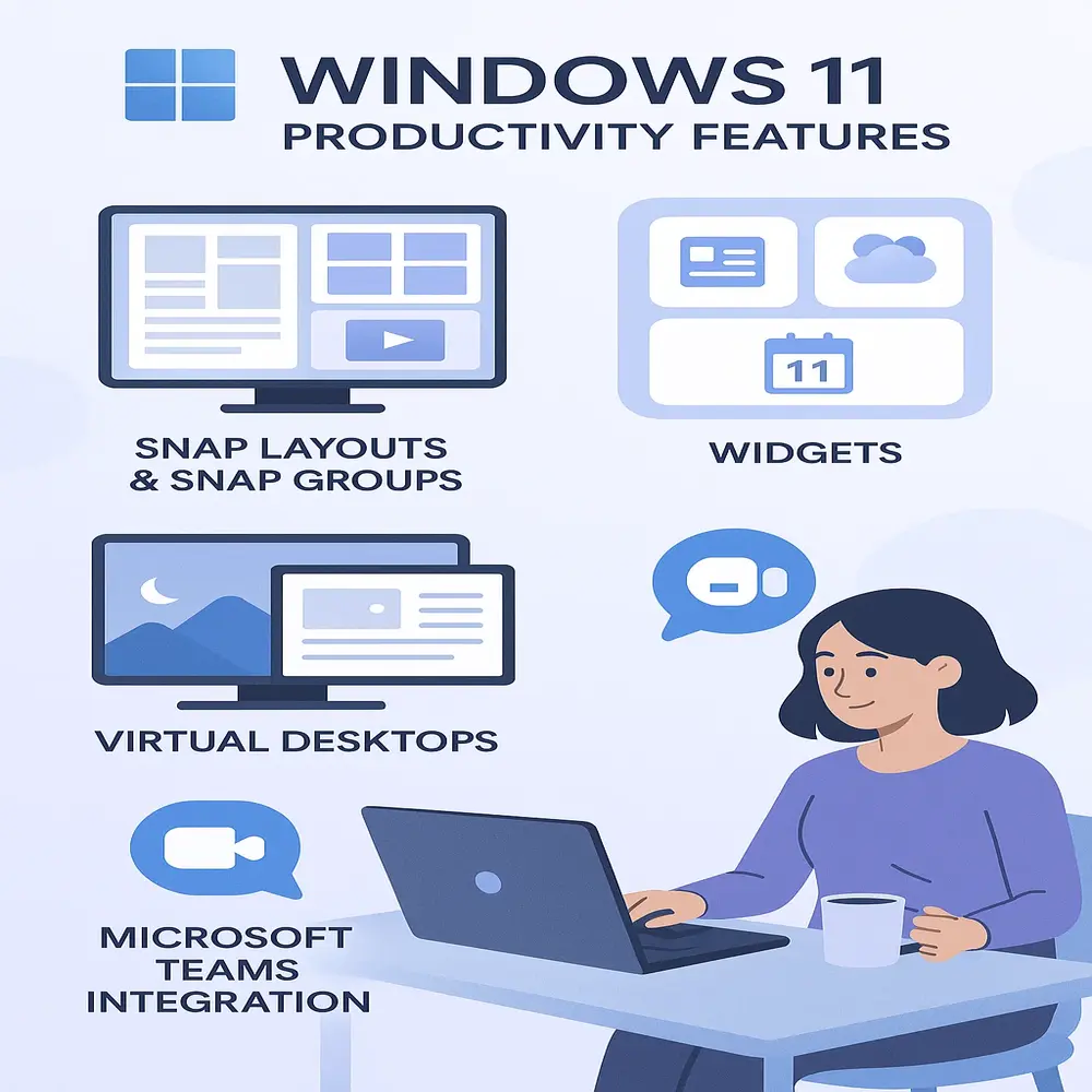 Illustration showcasing Windows 11 features like Snap Layouts, Widgets, Virtual Desktops, and Teams, designed for productivity and multitasking. 