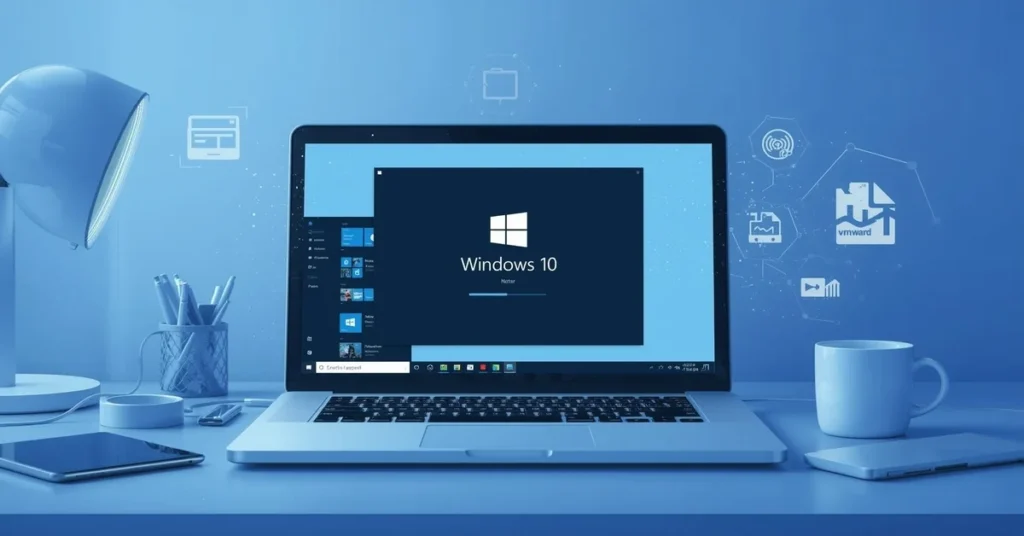 Laptop screen showing Windows 10 ISO installation inside a virtual machine using VMware, with tech icons and a blue digital workspace background.