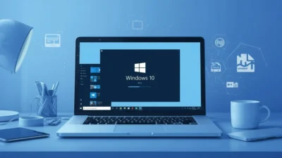 Laptop screen showing Windows 10 ISO installation inside a virtual machine using VMware, with tech icons and a blue digital workspace background.