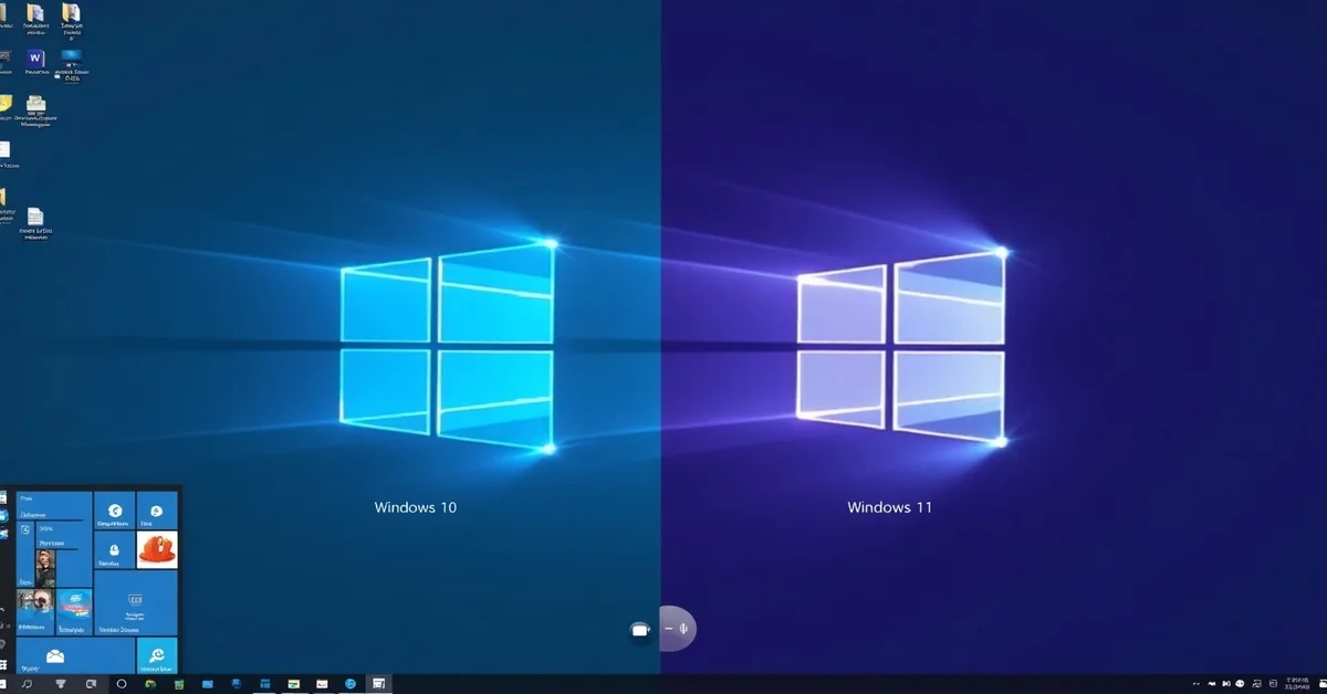 Colorful split-screen image comparing Windows 10 vs 11 interfaces, highlighting differences in design, features, and user experience with modern tech visuals.