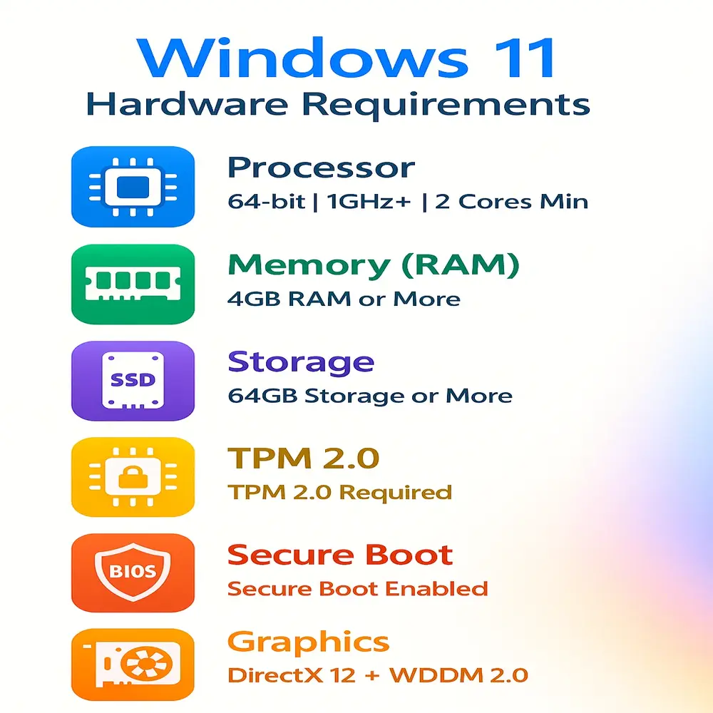 Vibrant infographic showing Windows 11 hardware requirements with colorful icons for CPU, RAM, storage, TPM, Secure Boot, and GPU. 