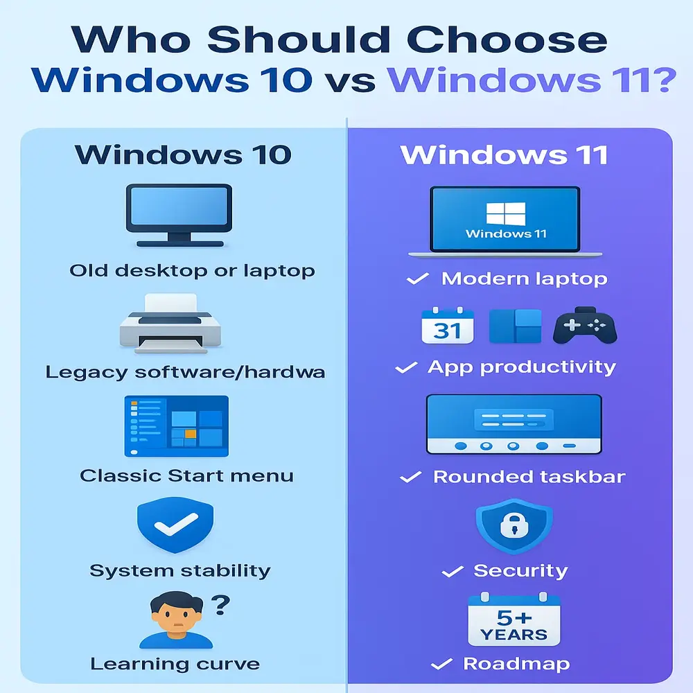 Colorful side-by-side infographic comparing who should choose Windows 10 vs Windows 11, with icons for hardware, features, and user preferences. 
