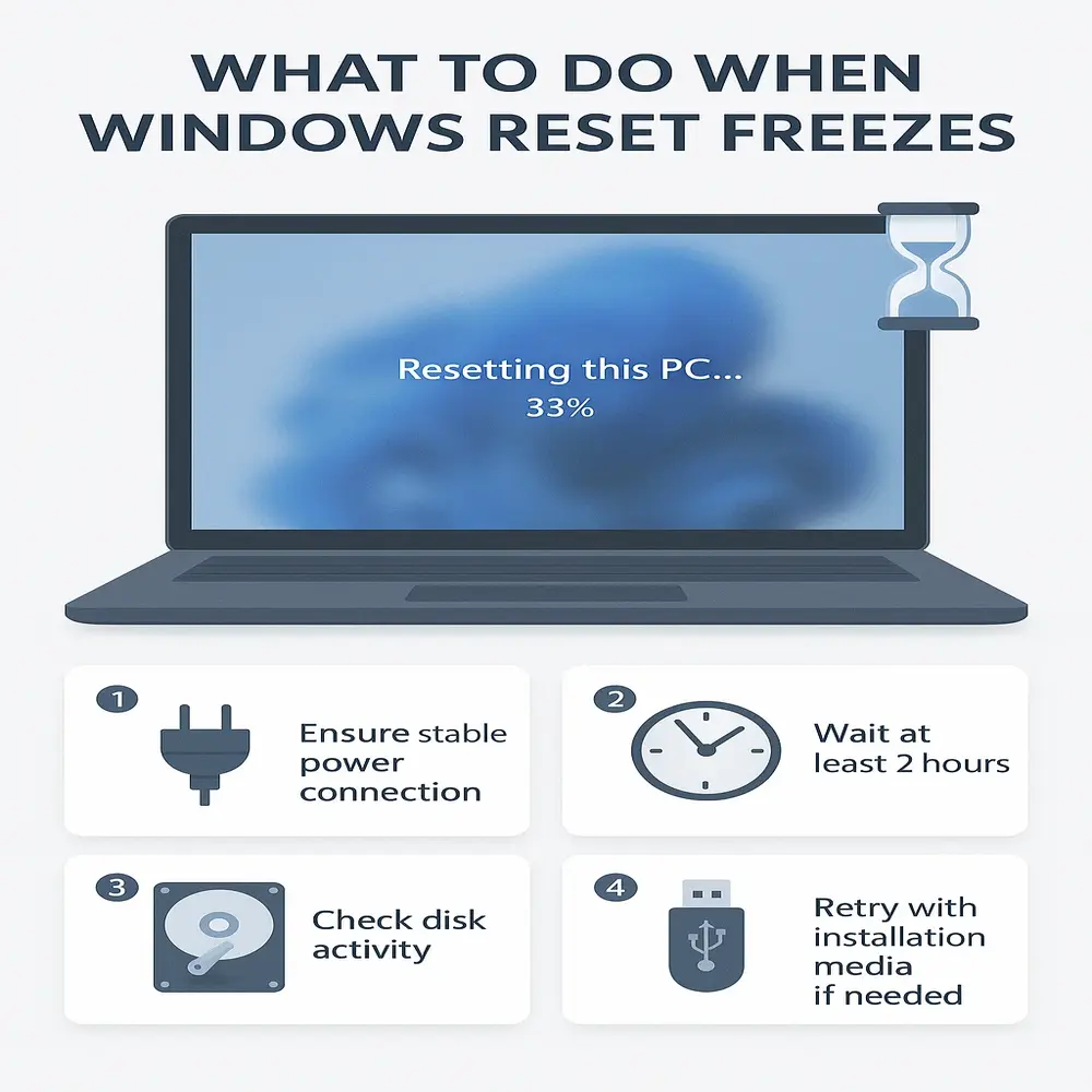 Infographic showing steps to follow if Windows reset freezes, including wait time, power check, disk activity, and using installation media