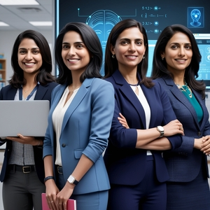 Realistic faces of Reshma Saujani, Rana el Kaliouby, Anne-Marie Imafidon, and Kiran Mazumdar-Shaw in a tech-themed setting.