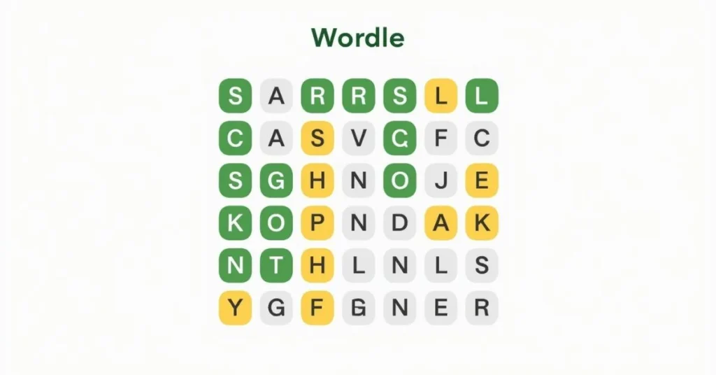 Wordle puzzle grid showing six rows of guessed words with green, yellow and gray letter tiles.