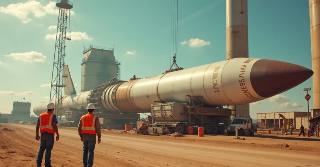 SpaceX Starbase workers in safety gear near Starship construction site, highlighting industrial work conditions.