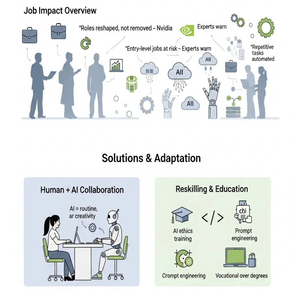 Infographic titled "Workforce 2025" showing AI reshaping jobs, with visuals of human-AI collaboration and reskilling through training and education.
