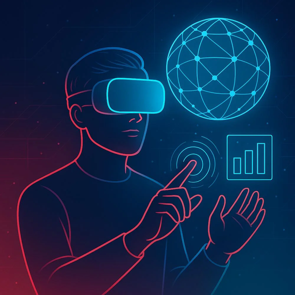 Person using VR headset interacting with holographic interface in a futuristic digital environment. 