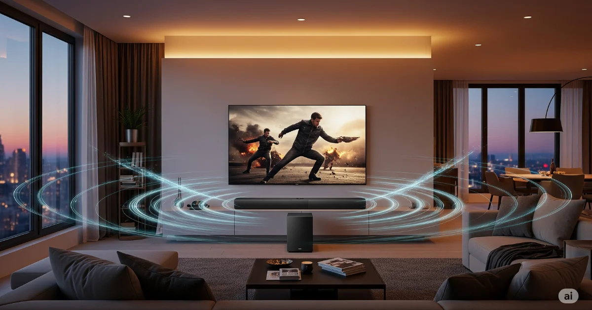 Yamaha soundbar system in stylish living room