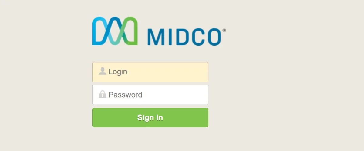 Browser displaying the Midco Webmail login page after entering the web address.