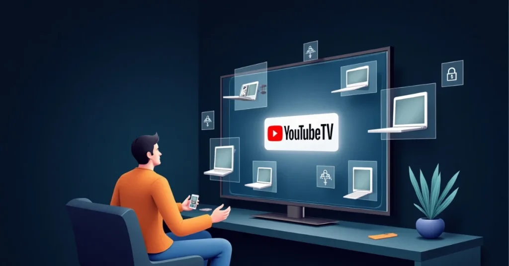 Man viewing YouTube TV on a smart TV, surrounded by floating device icons and padlocks, symbolizing the new “Manage Devices” security feature.