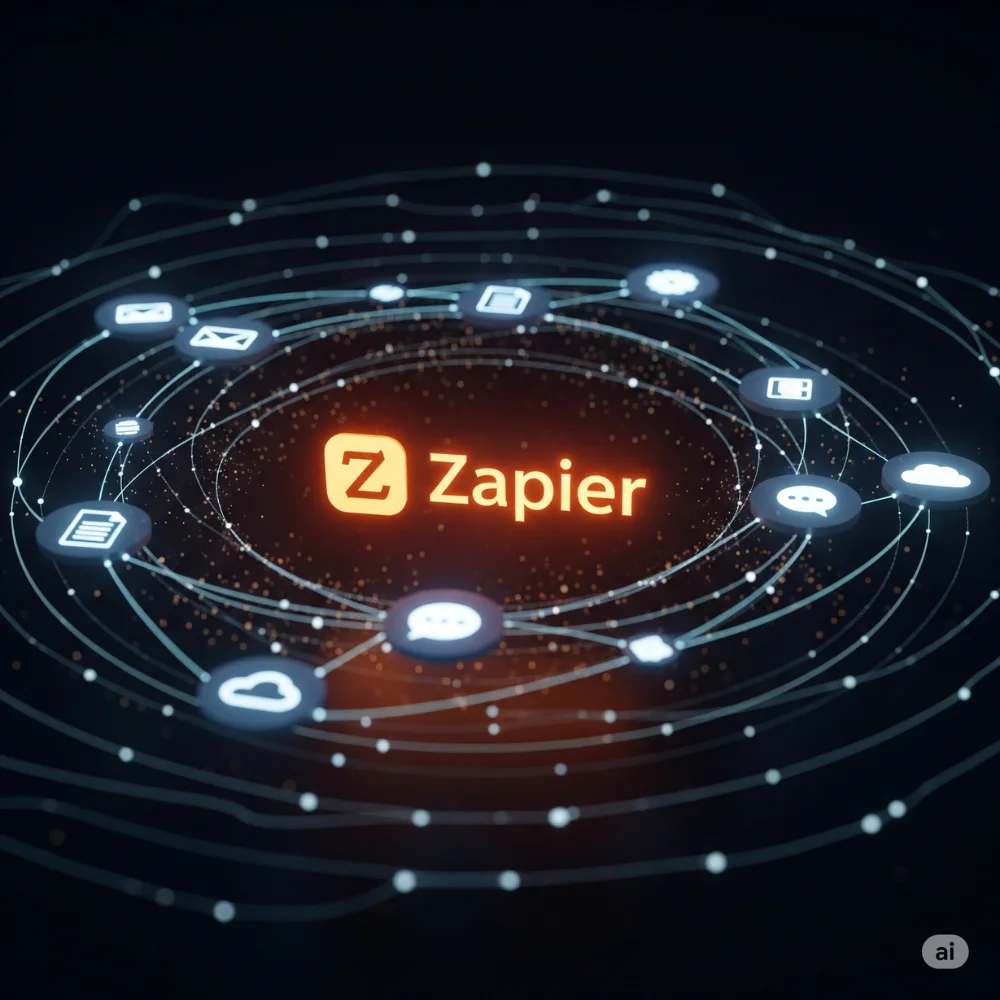 Zapier logo with app icons on dark tech scene