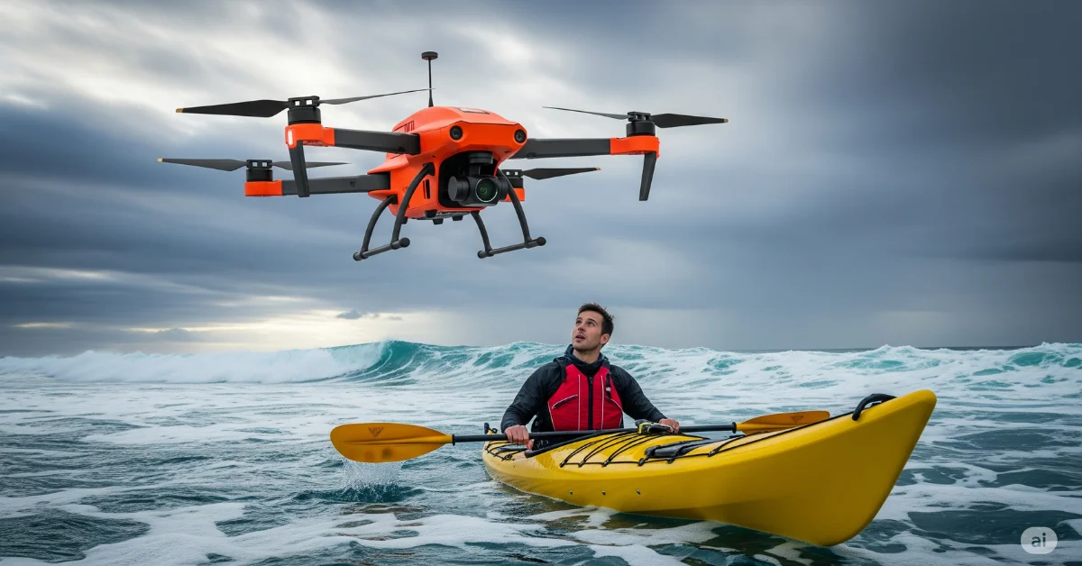 Orange drone flying over ocean during windy day