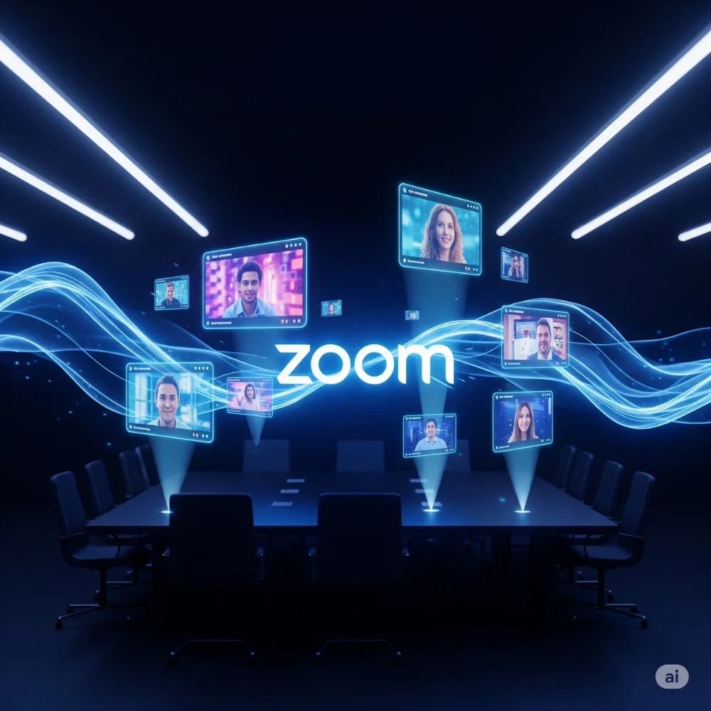 Zoom logo with video icons on dark tech background