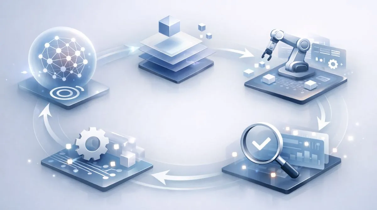 Abstract editorial illustration of an AI workflow loop showing connected stages of goal interpretation, planning, tool execution, and verification in a modern enterprise technology style