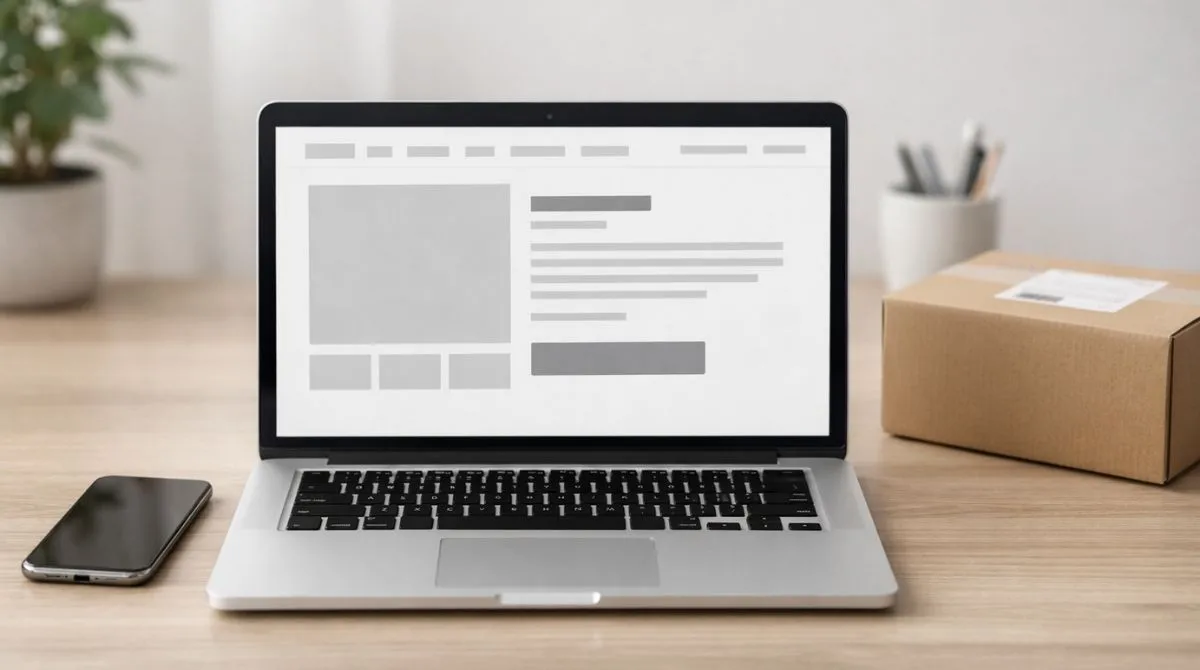 Laptop on a desk displaying an abstract e-commerce product page layout with a phone and package nearby
