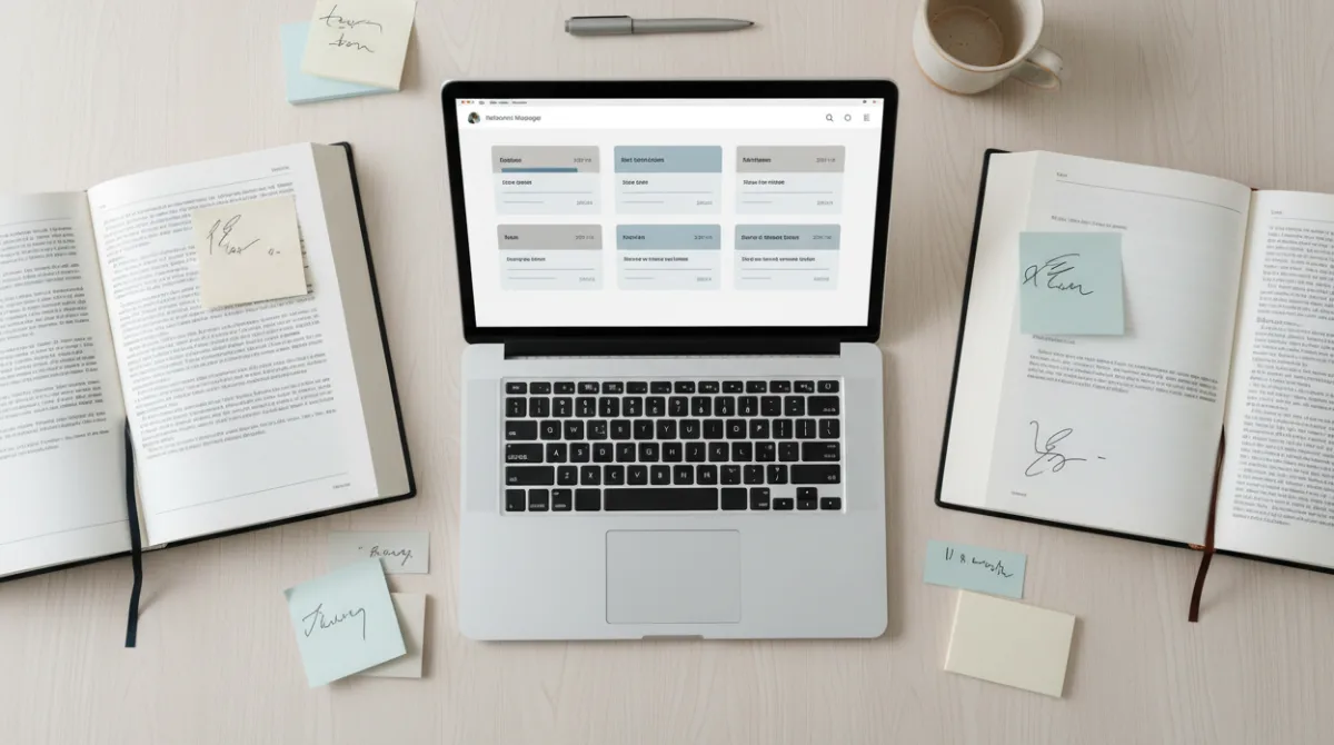 Researcher's desk with open books, sticky notes, and a browser showing a reference manager with citation cards for academic source collection