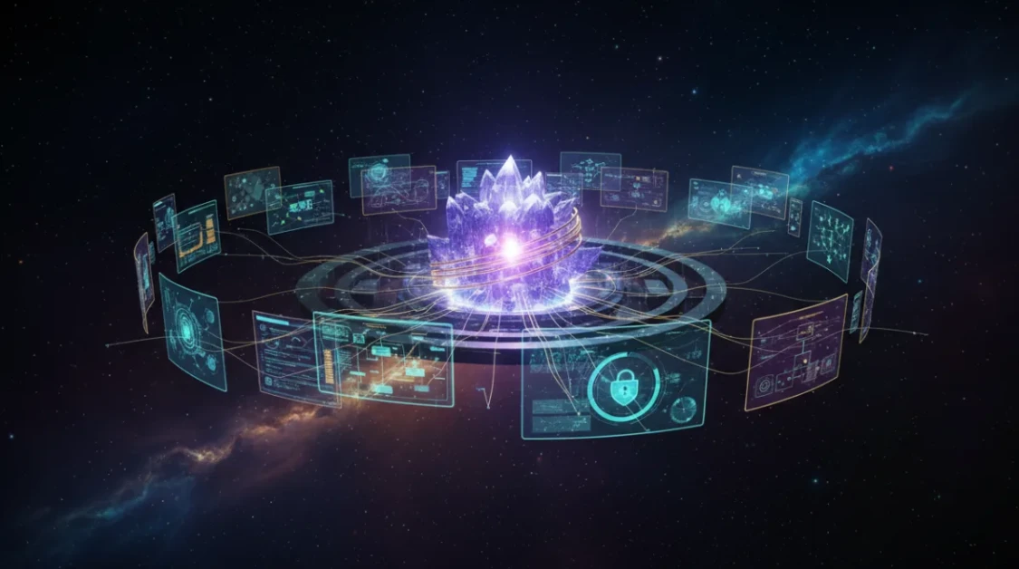 Cinematic illustration of a futuristic AI command center with a glowing central core connected to workflow panels, audit logs, and permission shields