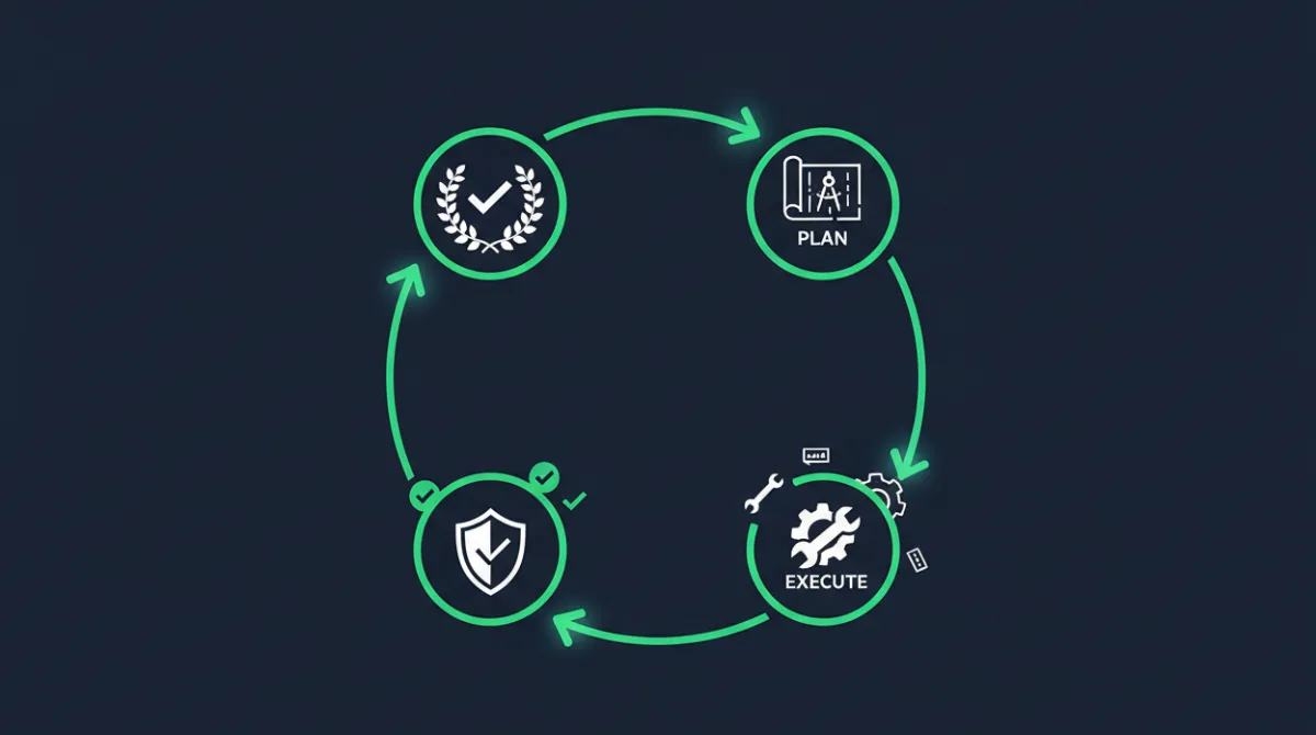 Circular flow diagram illustrating the action-based AI execution cycle with stages for planning, executing, validating, and completing tasks