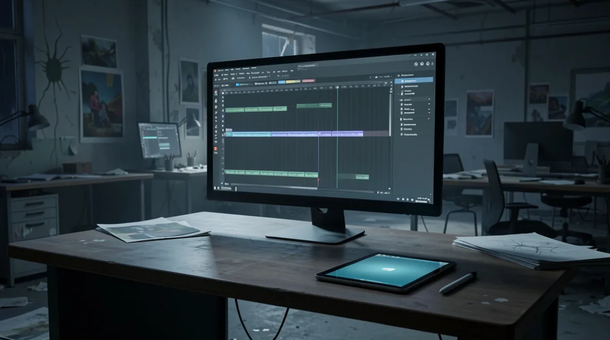 Illustration of an empty digital animation workspace symbolizing Adobe Animate shutting down as focus shifts to AI