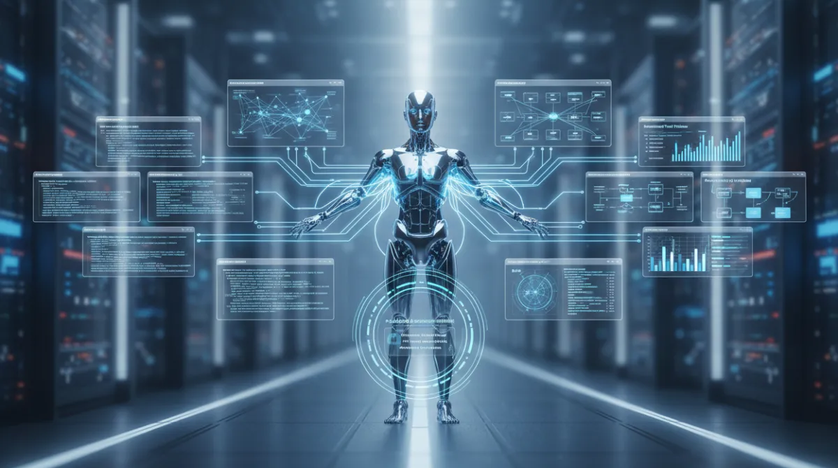  Futuristic agentic AI system autonomously planning and executing multi-file code changes across architecture diagrams and test pipelines