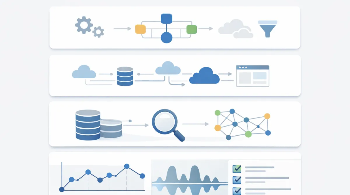Editorial schematic illustration showing a layered AI agent architecture with an orchestrator layer at the top, connector layer, memory and retrieval layer, and logging and tracing layer at the bottom, represented with clean abstract shapes on a neutral background