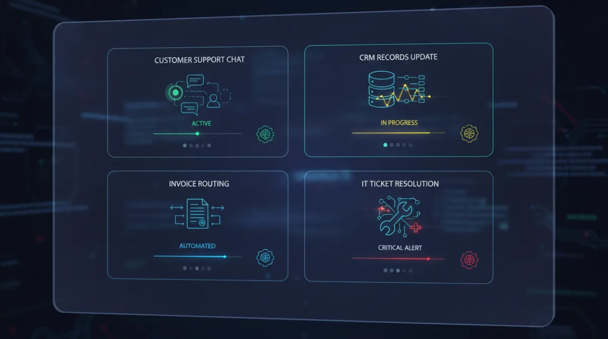 A business operations dashboard showing AI agents handling customer support, CRM updates, invoice routing, and IT ticket resolution