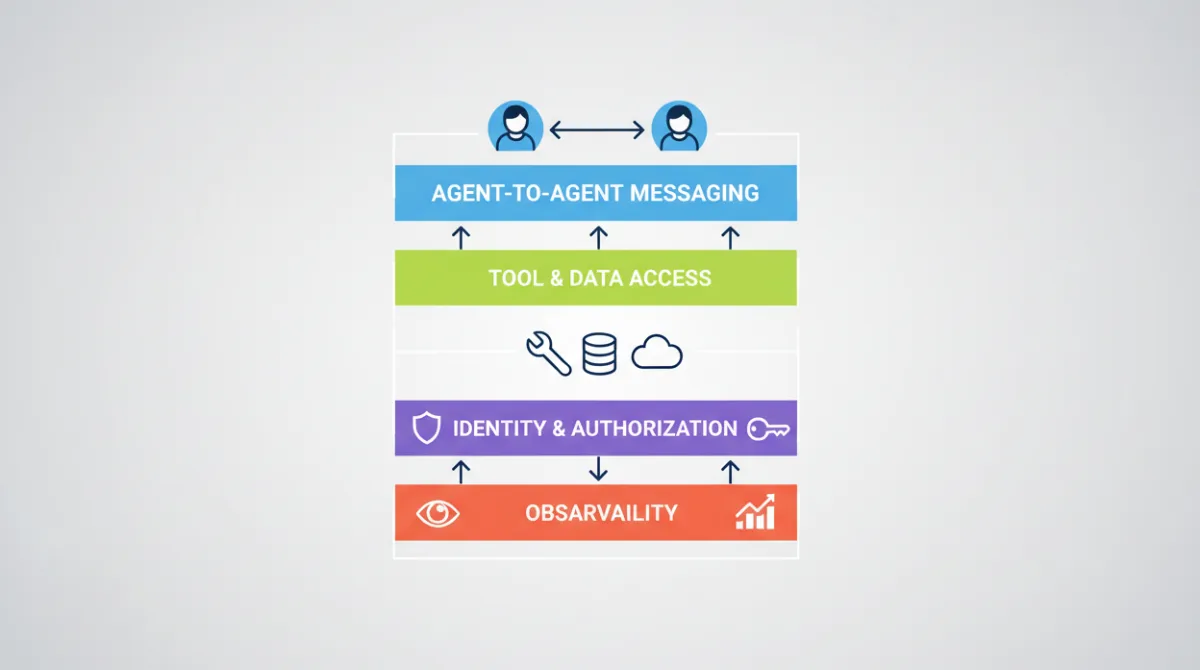 Layered diagram of AI agent protocol stack including A2A messaging, MCP tool access, identity, and observability
Placement	