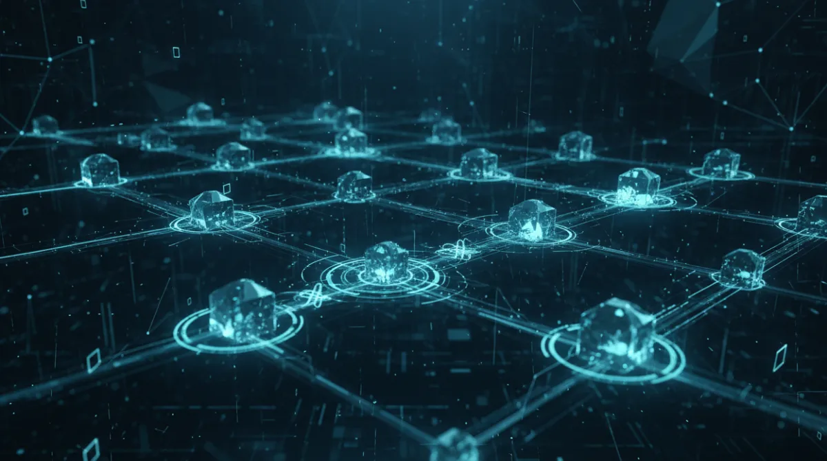 Futuristic network of AI agents connected by structured protocol pathways in 2026