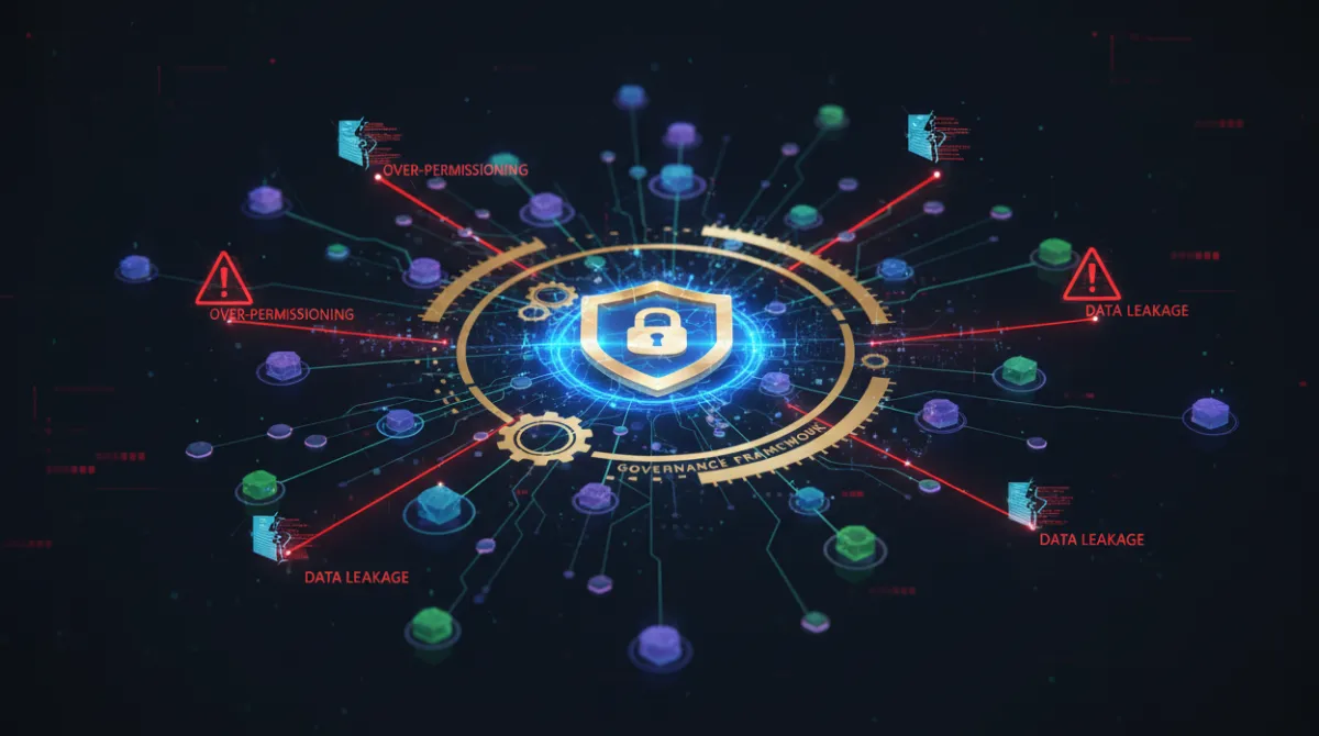 Digital shield surrounded by AI agent nodes highlighting security risks including over-permissioning and data leakage