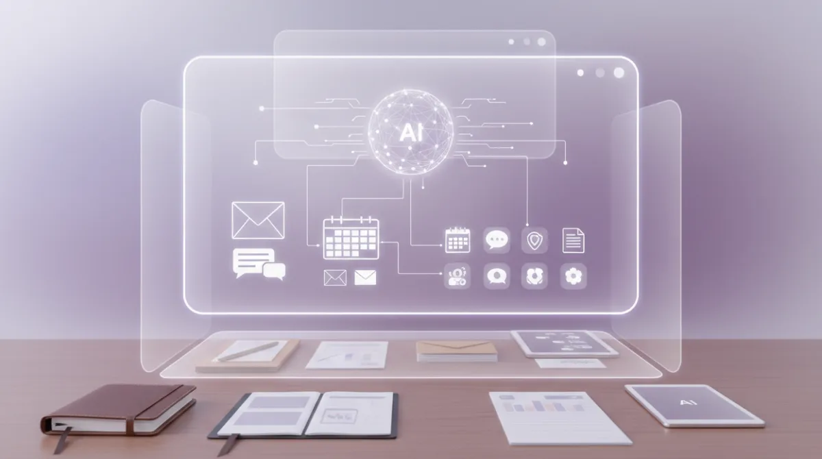 An AI assistant interface automatically organizing a calendar, messages, and documents across apps on a desk setup
