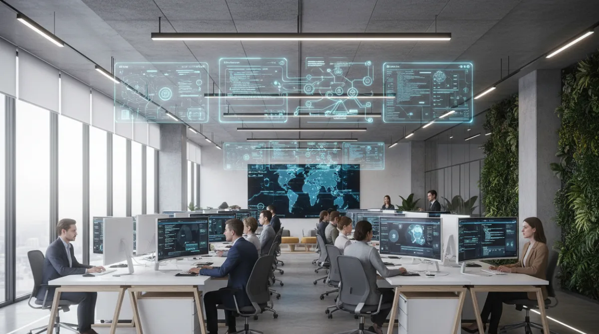  A modern open-plan office in 2026 where employees work alongside AI-powered dashboards and automated workflow interfaces on large monitors.