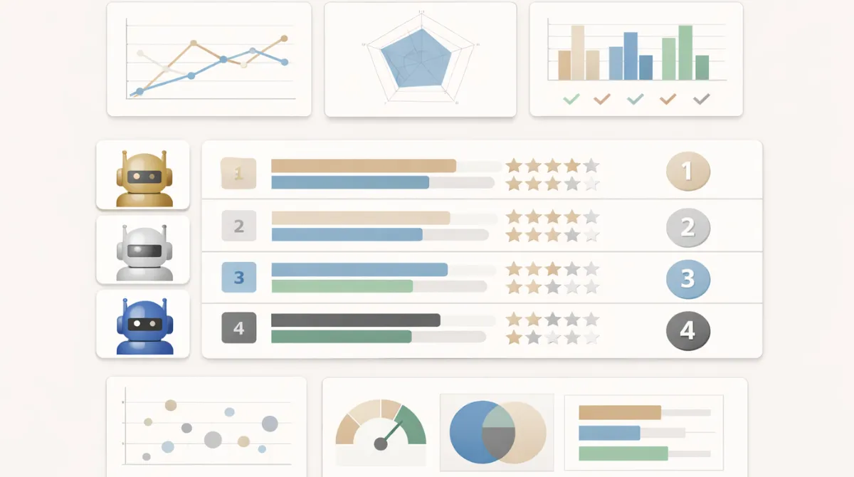Editorial illustration of an AI benchmarking leaderboard with abstract charts, evaluation panels, and multiple AI models compared using minimal data visualizations in a neutral professional tech style