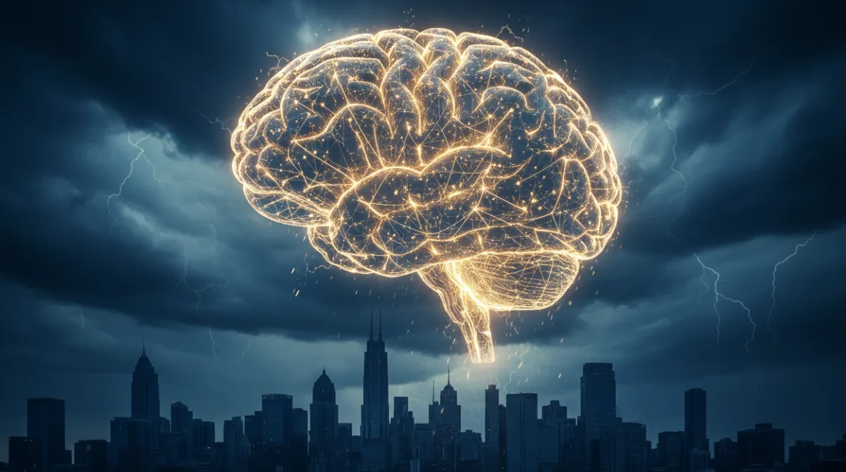 A giant glowing AI neural network brain suspended over a financial district skyline with visible cracks and golden light leaking through, symbolizing the AI bubble burst