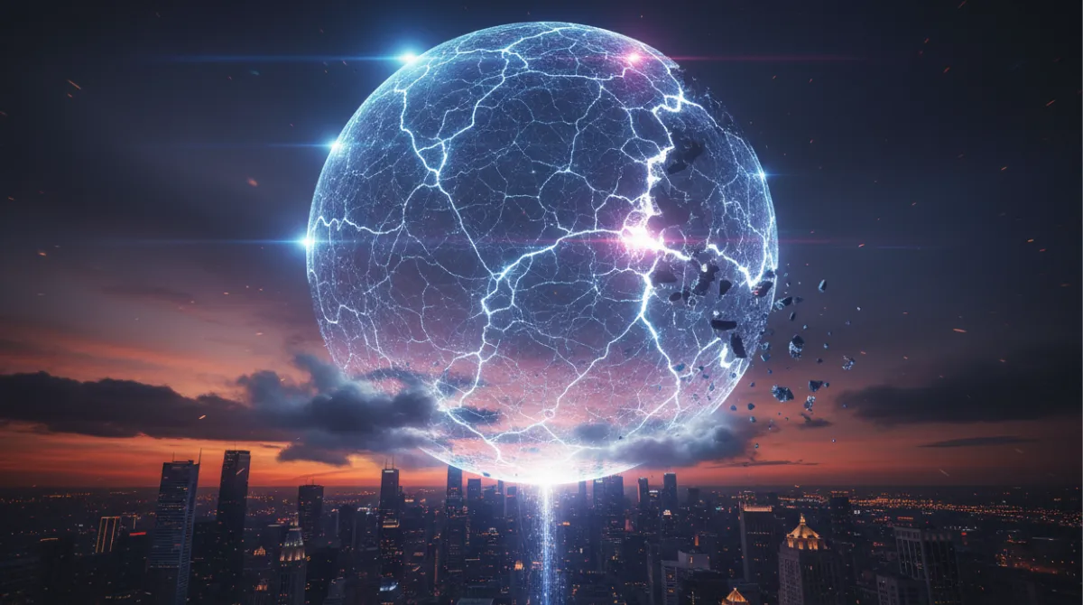 A cracking glowing AI bubble floating above a city skyline at dusk, symbolizing the fragility of the AI boom