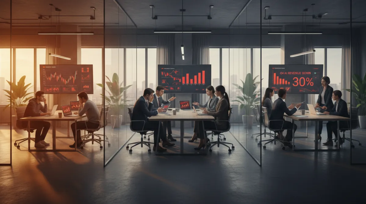 Three groups — stressed startup founders, investors reviewing declining charts, and enterprise buyers negotiating — representing the varied impact of an AI bubble burst