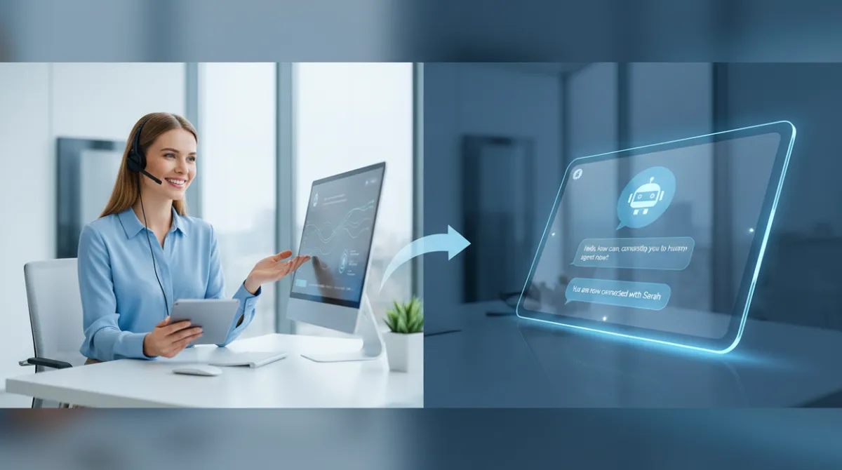 Split-screen showing an AI chatbot interface handing off a conversation to a human customer support agent seamlessly
