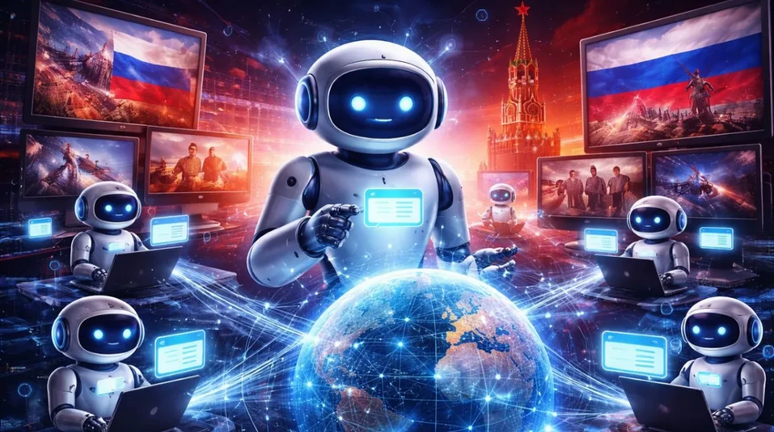 AI chatbots illustrated sending large volumes of online traffic toward Russian state-linked propaganda websites shown on digital screens