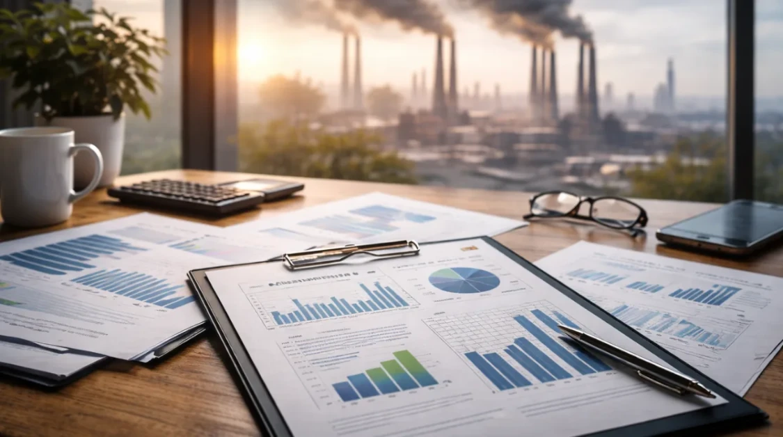 Sustainability reports with emissions charts on desk overlooking smokestacks highlighting AI Climate Claims Evidence concerns