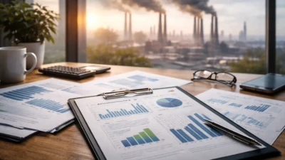 Sustainability reports with emissions charts on desk overlooking smokestacks highlighting AI Climate Claims Evidence concerns