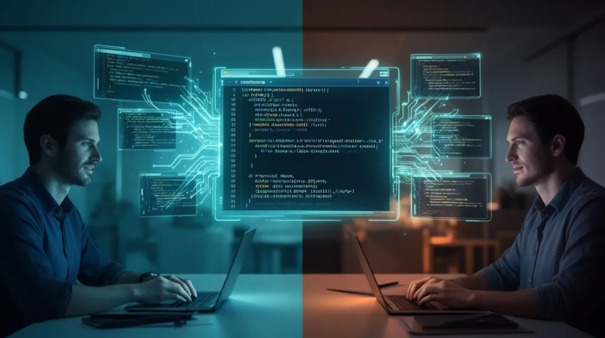 Developer collaborating with AI system showing holographic code editors with syntax-highlighted programming in multiple languages