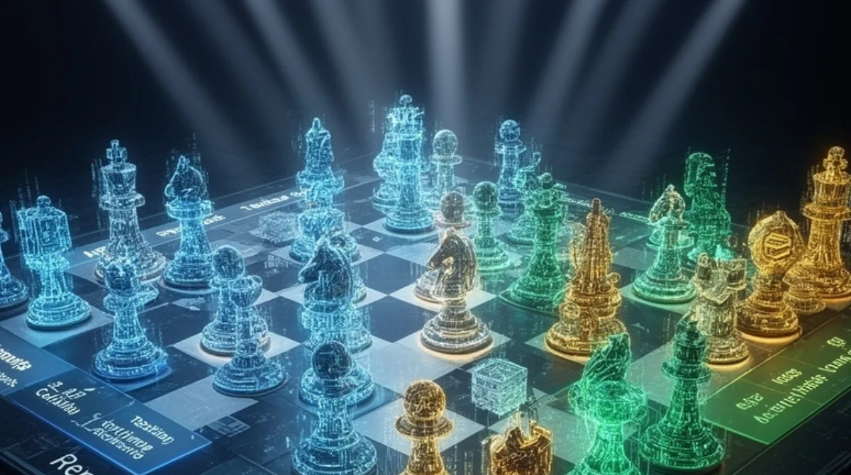 Aerial view of digital chess board with holographic pieces representing AI coding models competing across capabilities like testing, security, and performance